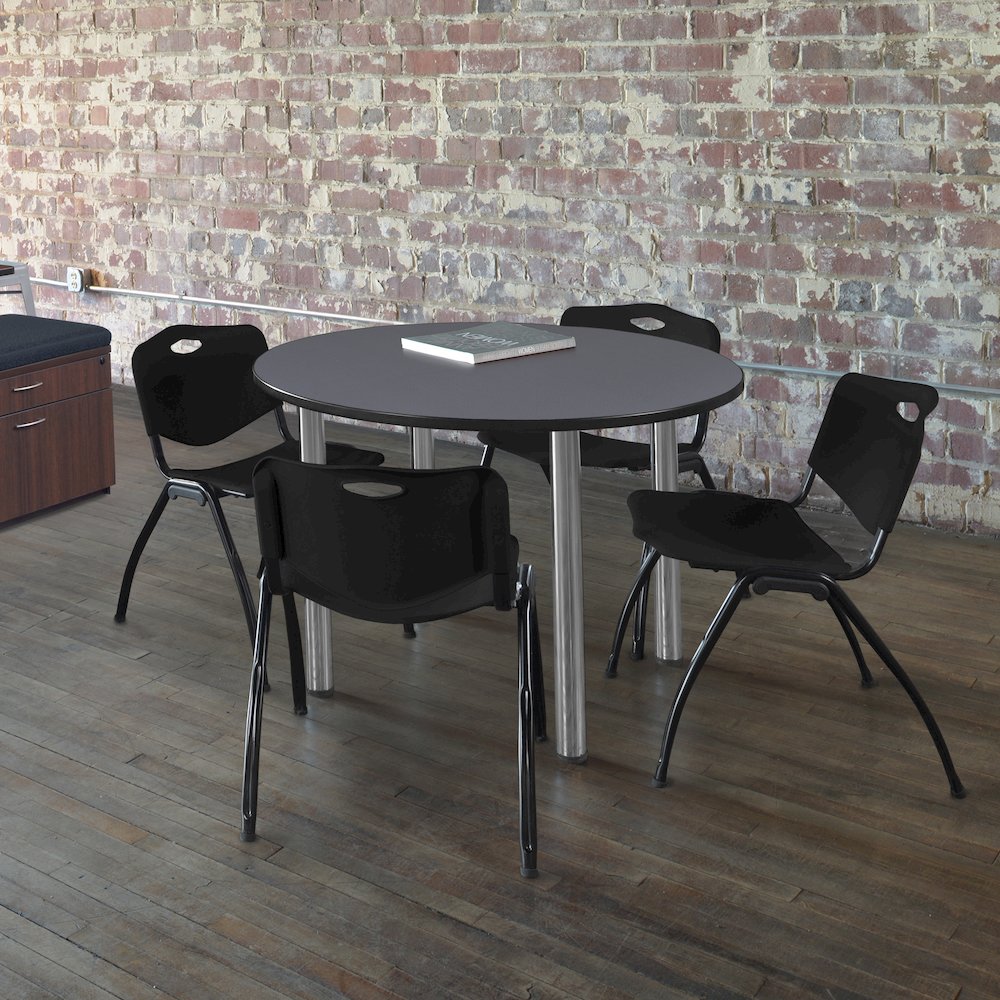 48 in Round Breakroom Table- Grey Top, Chrome Legs, 4 M Stack Chairs- Black. Picture 6
