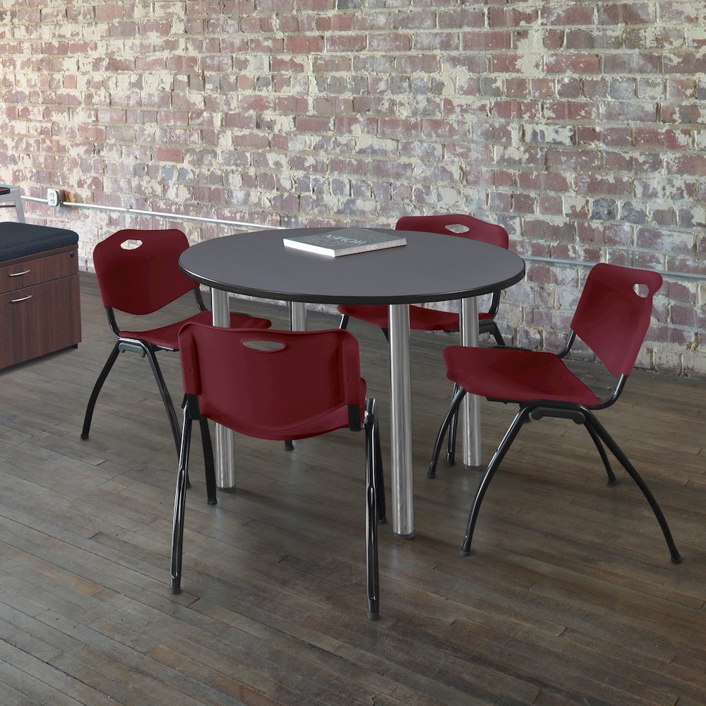 48 in Round Breakroom Table- Grey Top, Chrome Legs, 4 M Stack Chairs- Burgundy. Picture 6
