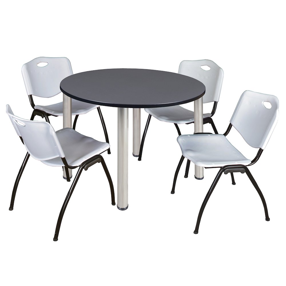 48 in Round Breakroom Table- Grey Top, Chrome Legs, 4 M Stack Chairs- Grey. Picture 1