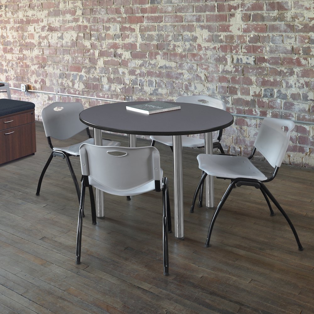 48 in Round Breakroom Table- Grey Top, Chrome Legs, 4 M Stack Chairs- Grey. Picture 6