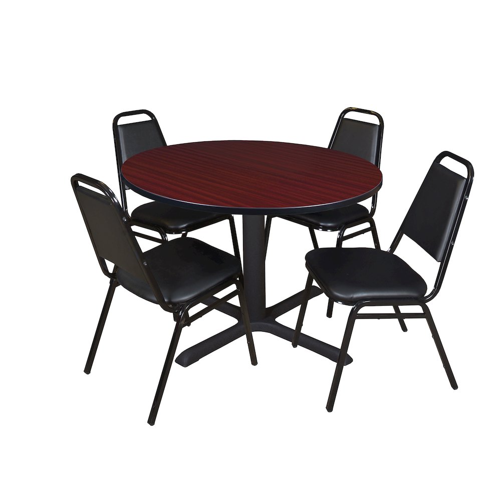48 in. Round X-Base Breakroom Table- Mahogany & 4 Restaurant Stack Chairs- Black. Picture 1