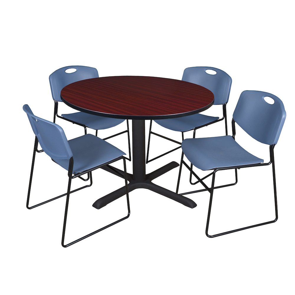 48 in. Round X-Base Breakroom Table- Mahogany & 4 Zeng Stack Chairs- Blue. Picture 1