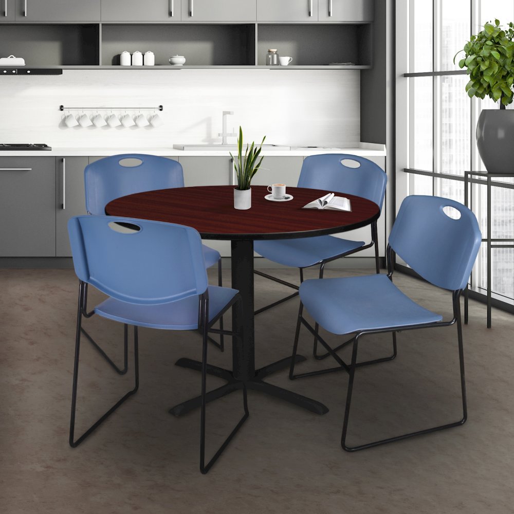 48 in. Round X-Base Breakroom Table- Mahogany & 4 Zeng Stack Chairs- Blue. Picture 8