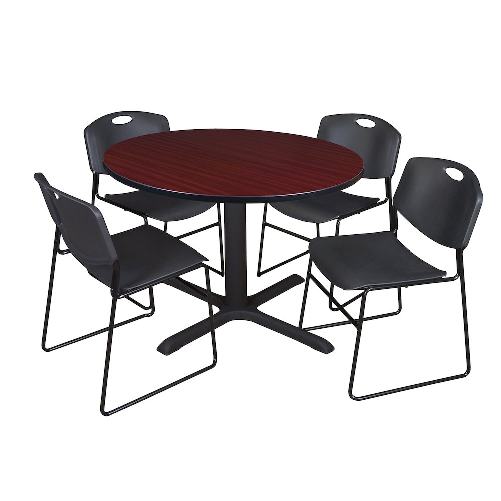48 in. Round X-Base Breakroom Table- Mahogany & 4 Zeng Stack Chairs- Black. Picture 1