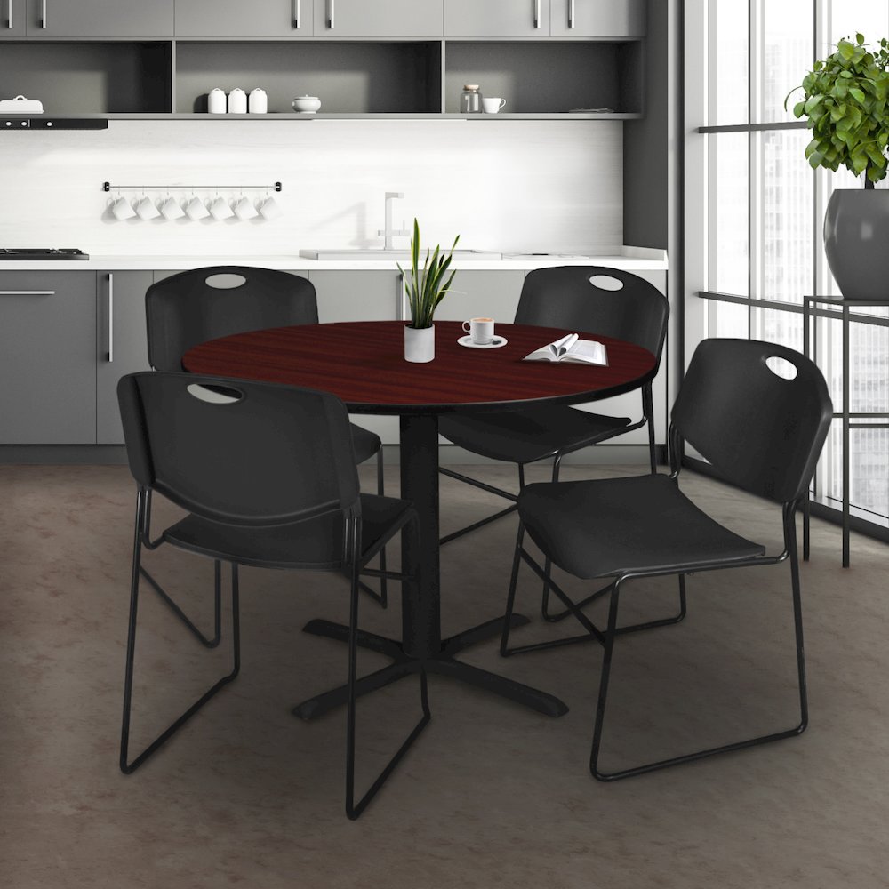 48 in. Round X-Base Breakroom Table- Mahogany & 4 Zeng Stack Chairs- Black. Picture 8
