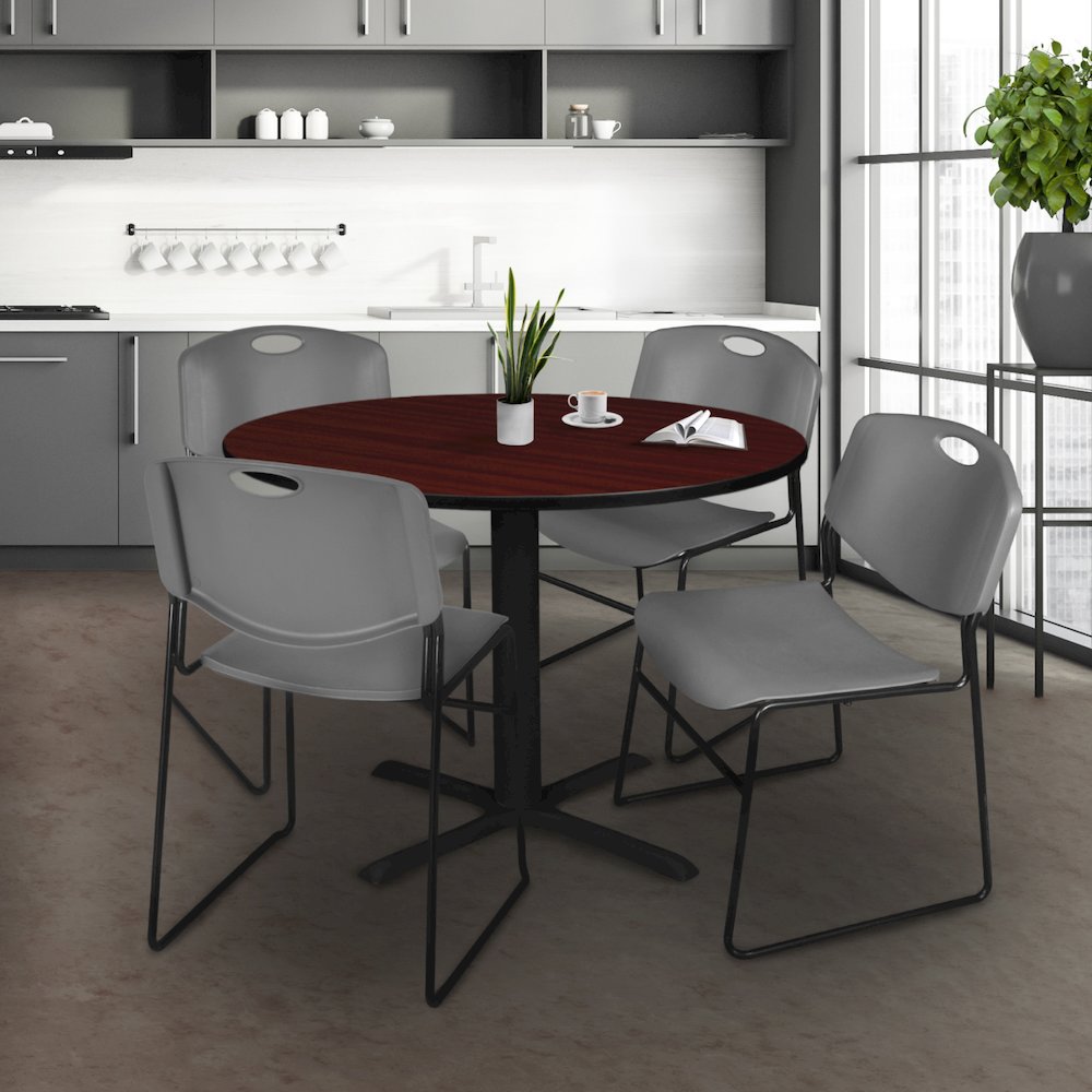 48 in. Round X-Base Breakroom Table- Mahogany & 4 Zeng Stack Chairs- Grey. Picture 8