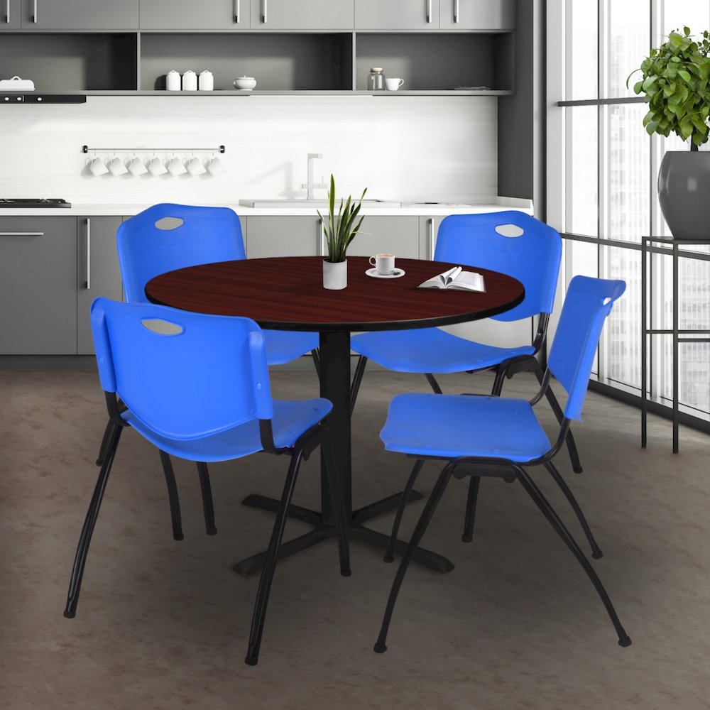 48 in. Round X-Base Breakroom Table- Mahogany & 4 M Stack Chairs- Blue. Picture 8