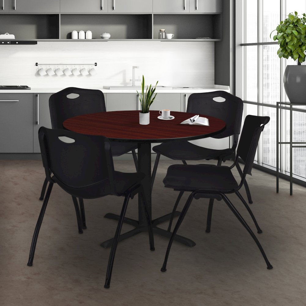 48 in. Round X-Base Breakroom Table- Mahogany & 4 M Stack Chairs- Black. Picture 8
