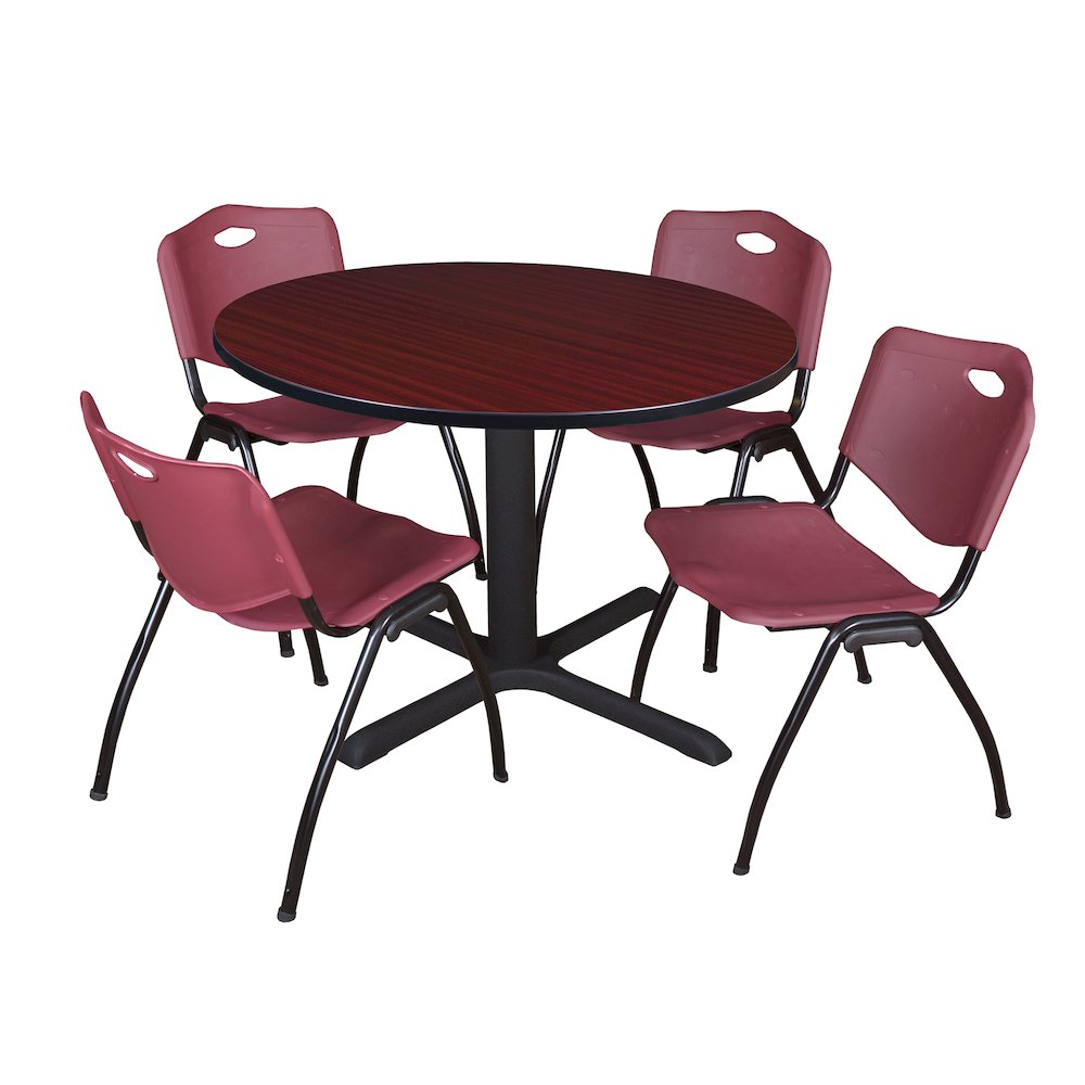 48 in. Round X-Base Breakroom Table- Mahogany & 4 M Stack Chairs- Burgundy. Picture 1