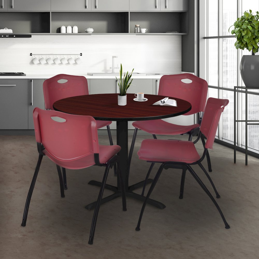 48 in. Round X-Base Breakroom Table- Mahogany & 4 M Stack Chairs- Burgundy. Picture 8