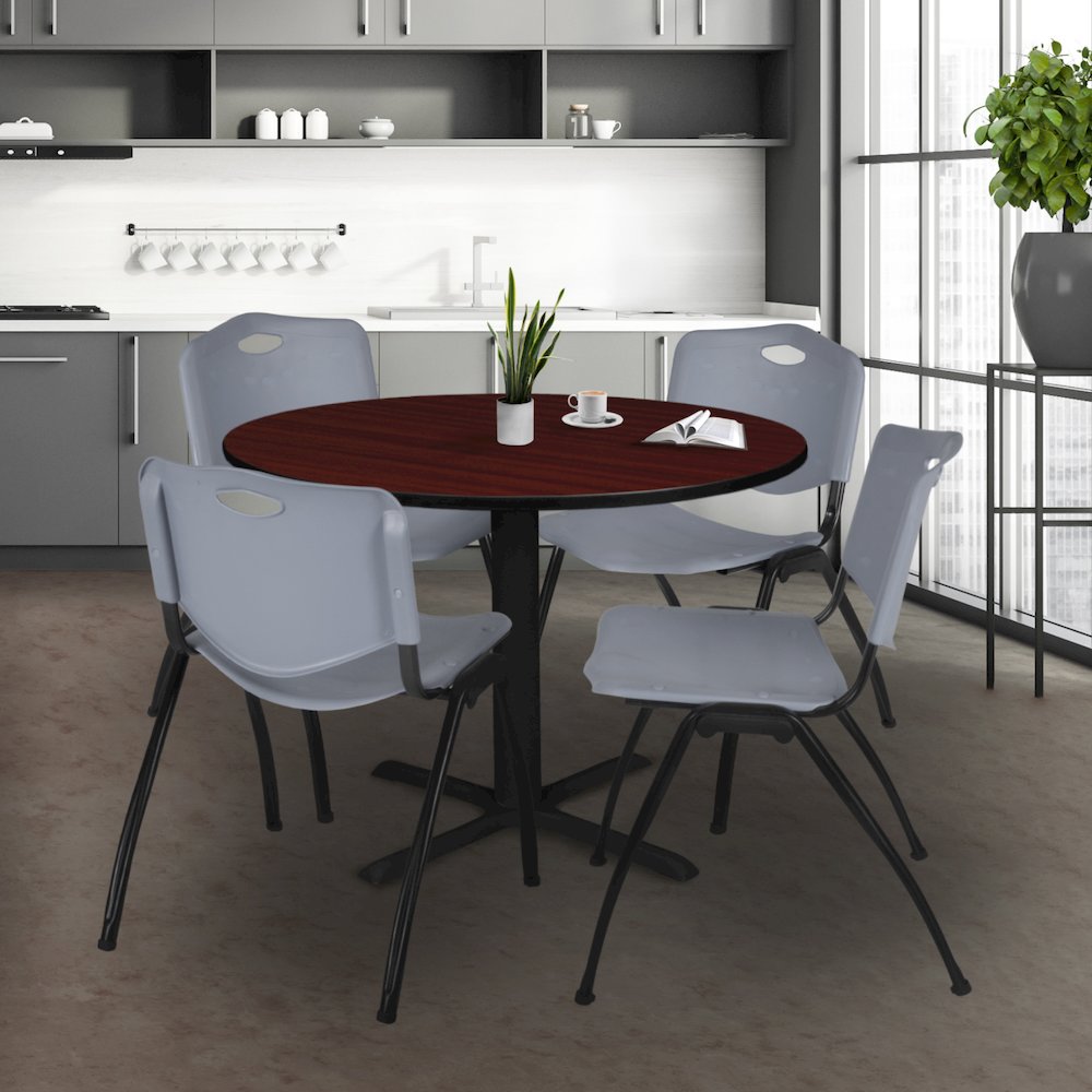 48 in. Round X-Base Breakroom Table- Mahogany & 4 M Stack Chairs- Grey. Picture 8