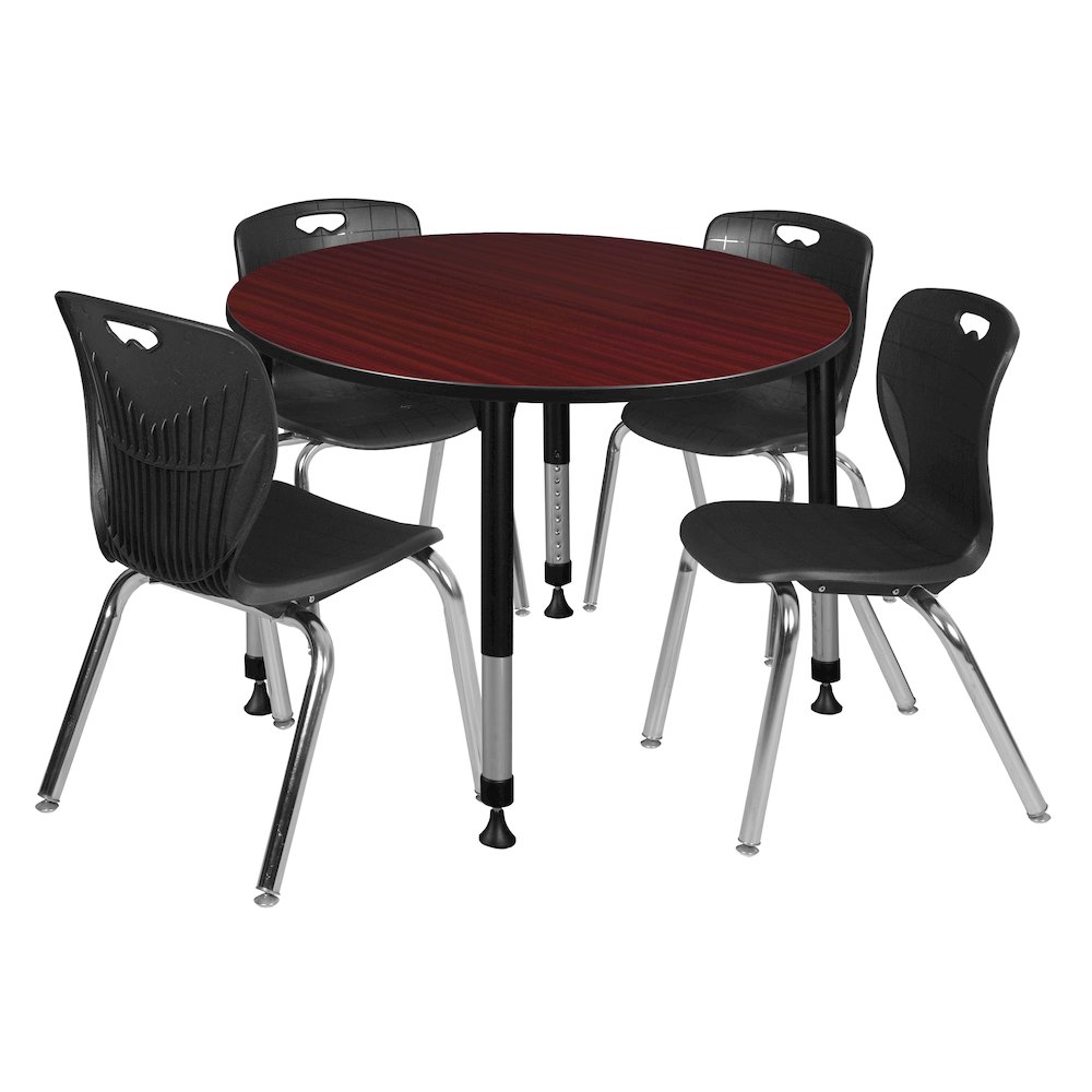 48 Round Adjustable Classroom Table- Mahogany & 4 Andy 18 Stack Chairs- Black. Picture 1