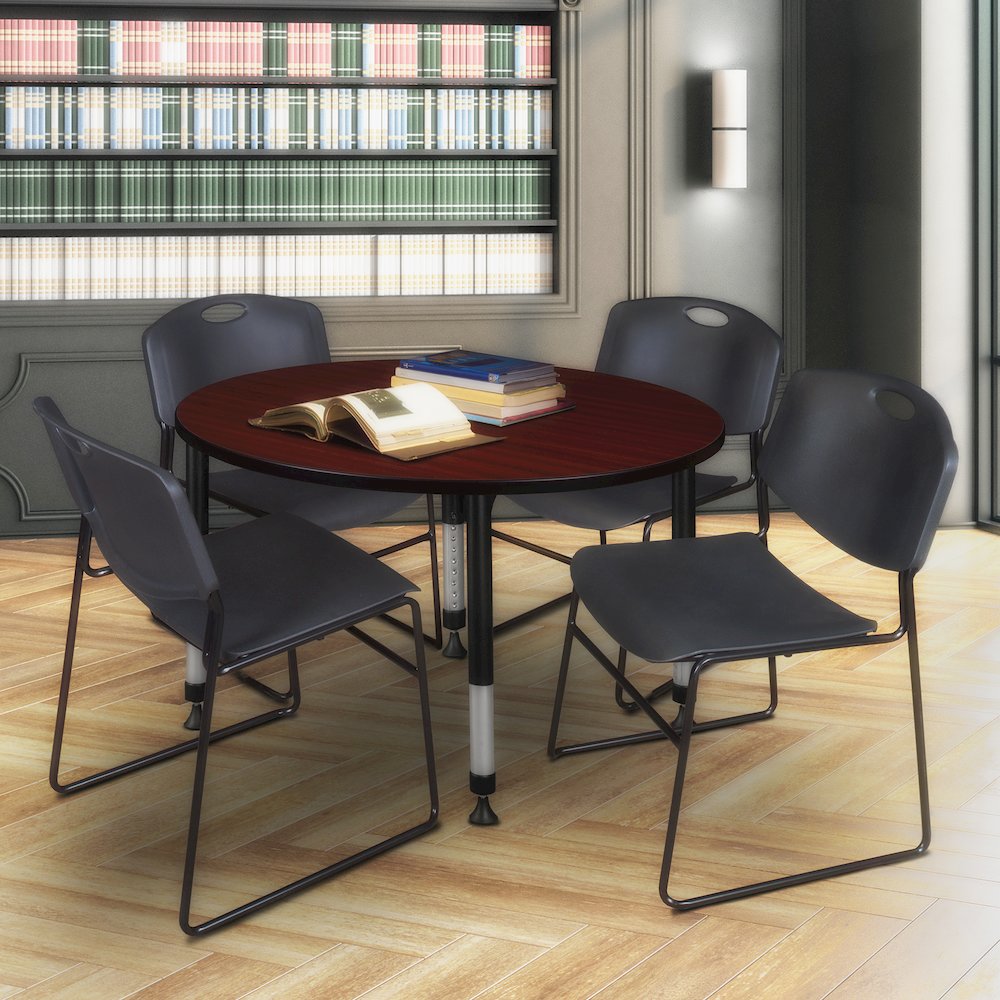 48 in. Round Adjustable Classroom Table- Mahogany & 4 Zeng Stack Chairs- Black. Picture 6