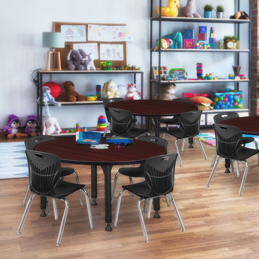 48 Round Adjustable Classroom Table- Mahogany & 4 Andy 12 Stack Chairs- Black. Picture 6