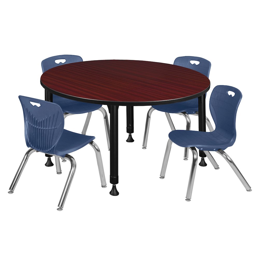 48 Round Adjustable Classroom Table- Mahogany & 4 Andy 12 Stack Chairs- Blue. Picture 1