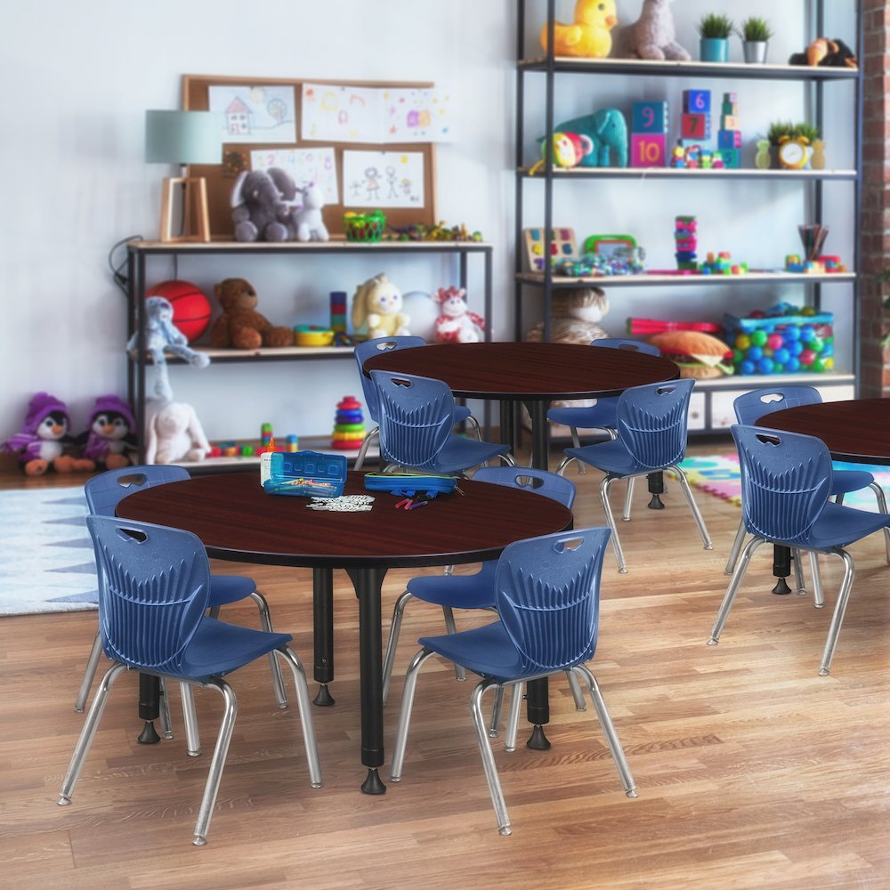 48 Round Adjustable Classroom Table- Mahogany & 4 Andy 12 Stack Chairs- Blue. Picture 6