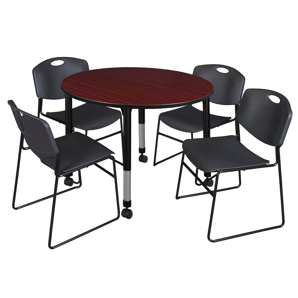 48 Round Mobile Classroom Table- Mahogany & 4 Zeng Stack Chairs- Black. Picture 1