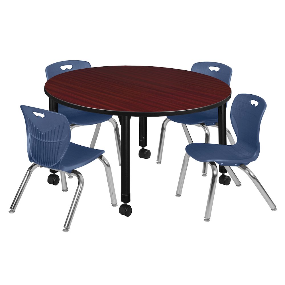 48 Round Adjustable Classroom Table- Mahogany & 4 Andy 12 Stack Chairs- Blue. Picture 1