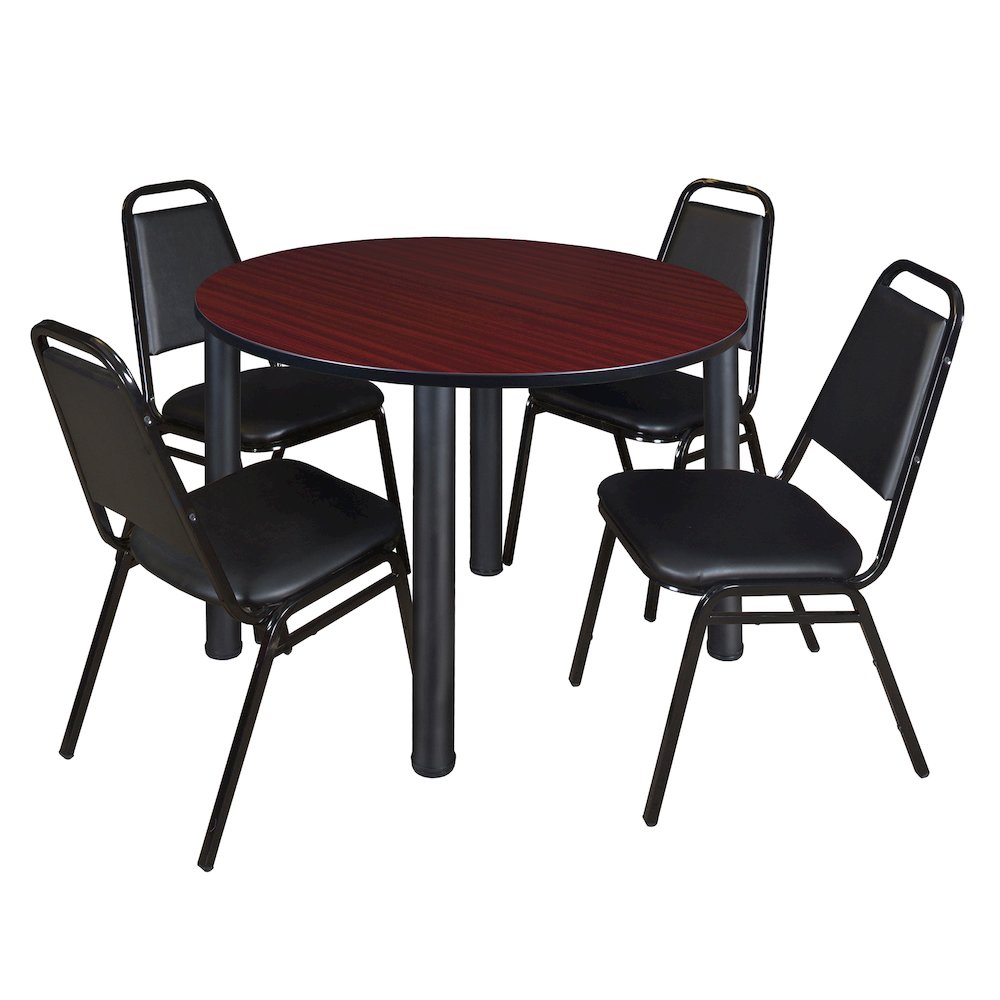 48 in Round Breakroom Table- Mahogany Top, Black Legs, 4 Restaurant Stack Chairs. Picture 1