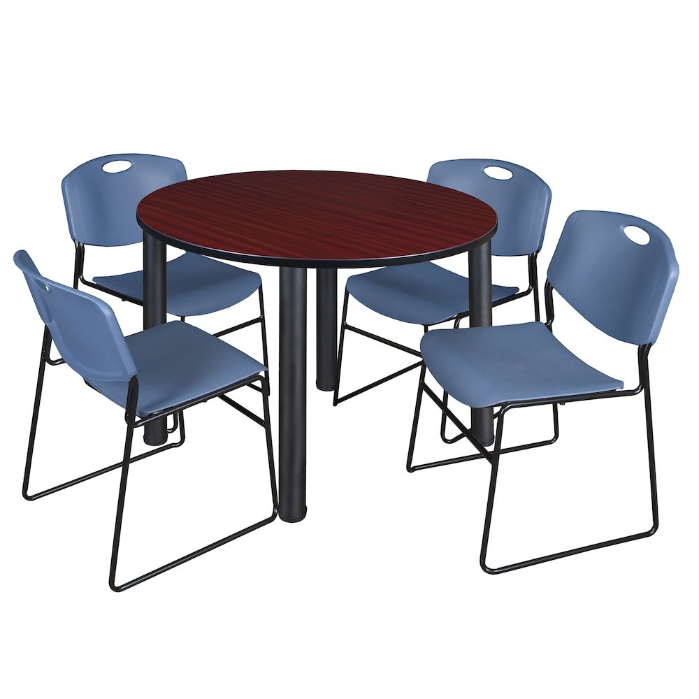 48 in Round Breakroom Table- Mahogany Top, Black Legs, 4 Zeng Stack Chairs- Blue. Picture 1