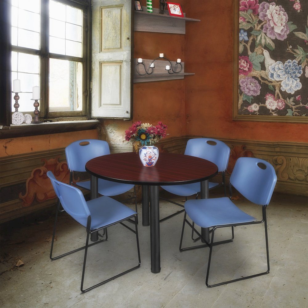 48 in Round Breakroom Table- Mahogany Top, Black Legs, 4 Zeng Stack Chairs- Blue. Picture 6
