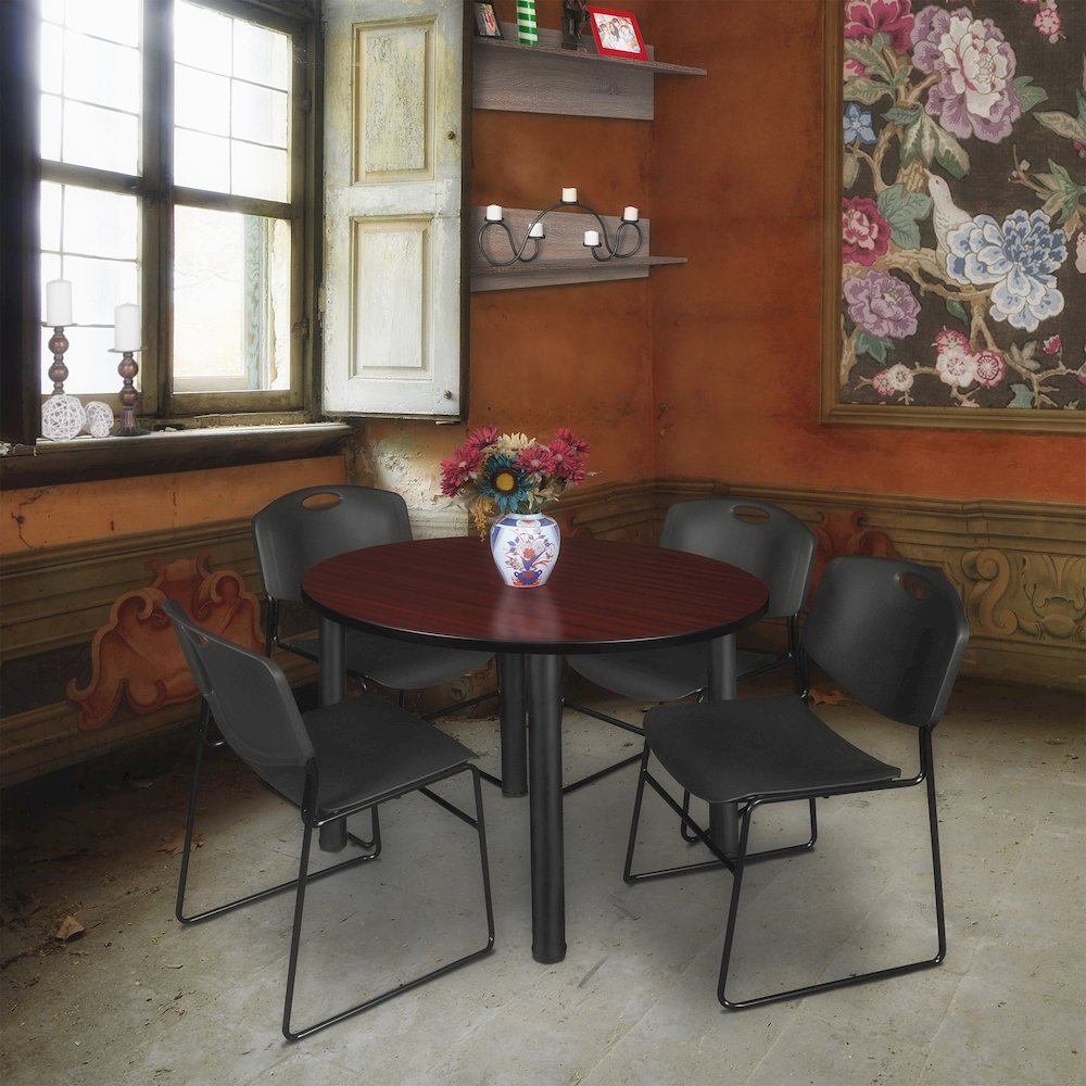 48 Round Breakroom Table- Mahogany Top, Black Legs, 4 Zeng Stack Chairs- Black. Picture 6