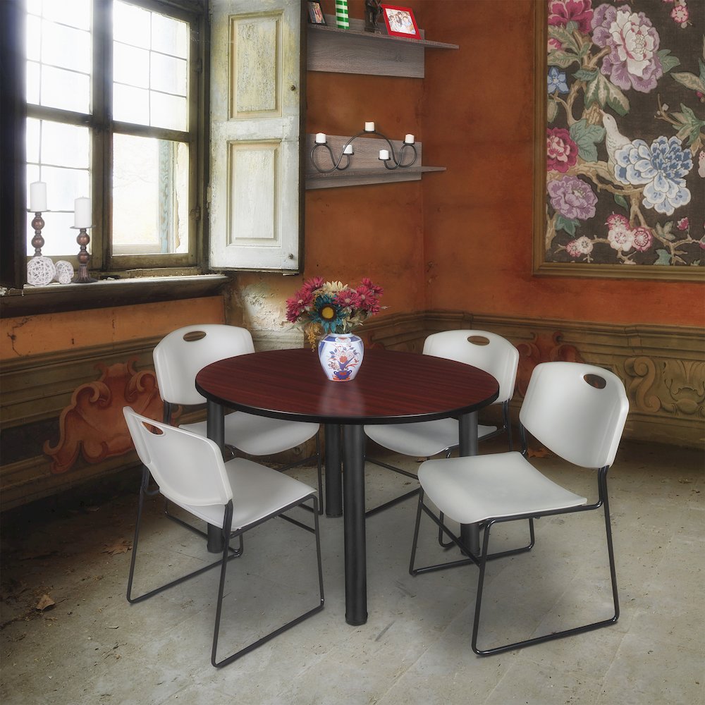 48 in Round Breakroom Table- Mahogany Top, Black Legs, 4 Zeng Stack Chairs- Grey. Picture 6