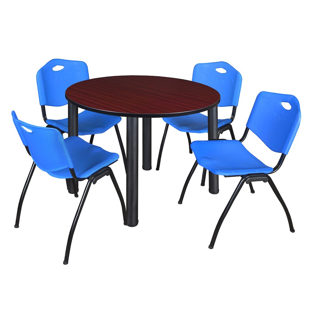 48 in Round Breakroom Table- Mahogany Top, Black Legs, 4 M Stack Chairs- Blue. Picture 1
