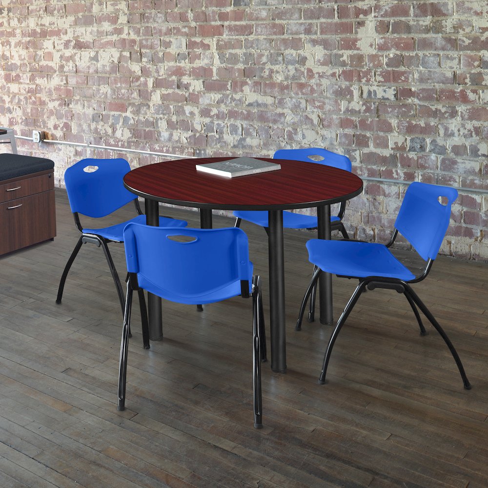 48 in Round Breakroom Table- Mahogany Top, Black Legs, 4 M Stack Chairs- Blue. Picture 6