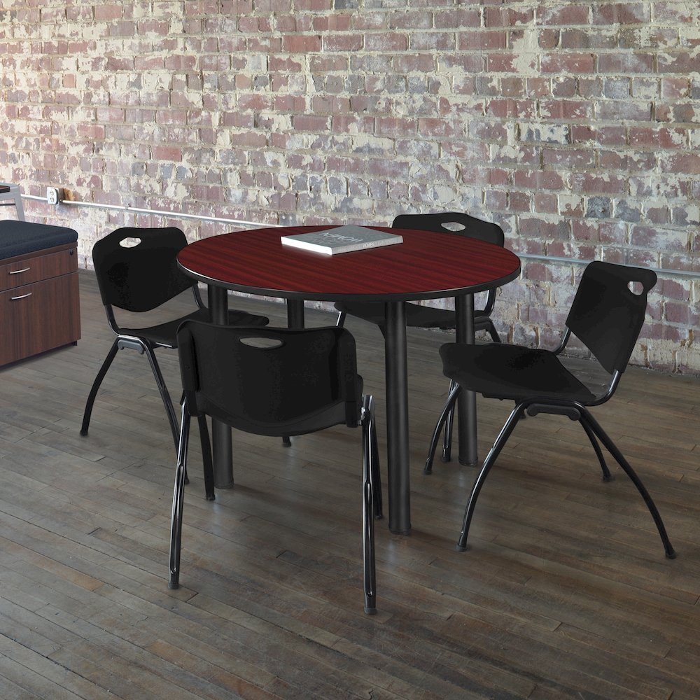 48 in Round Breakroom Table- Mahogany Top, Black Legs, 4 M Stack Chairs- Black. Picture 6