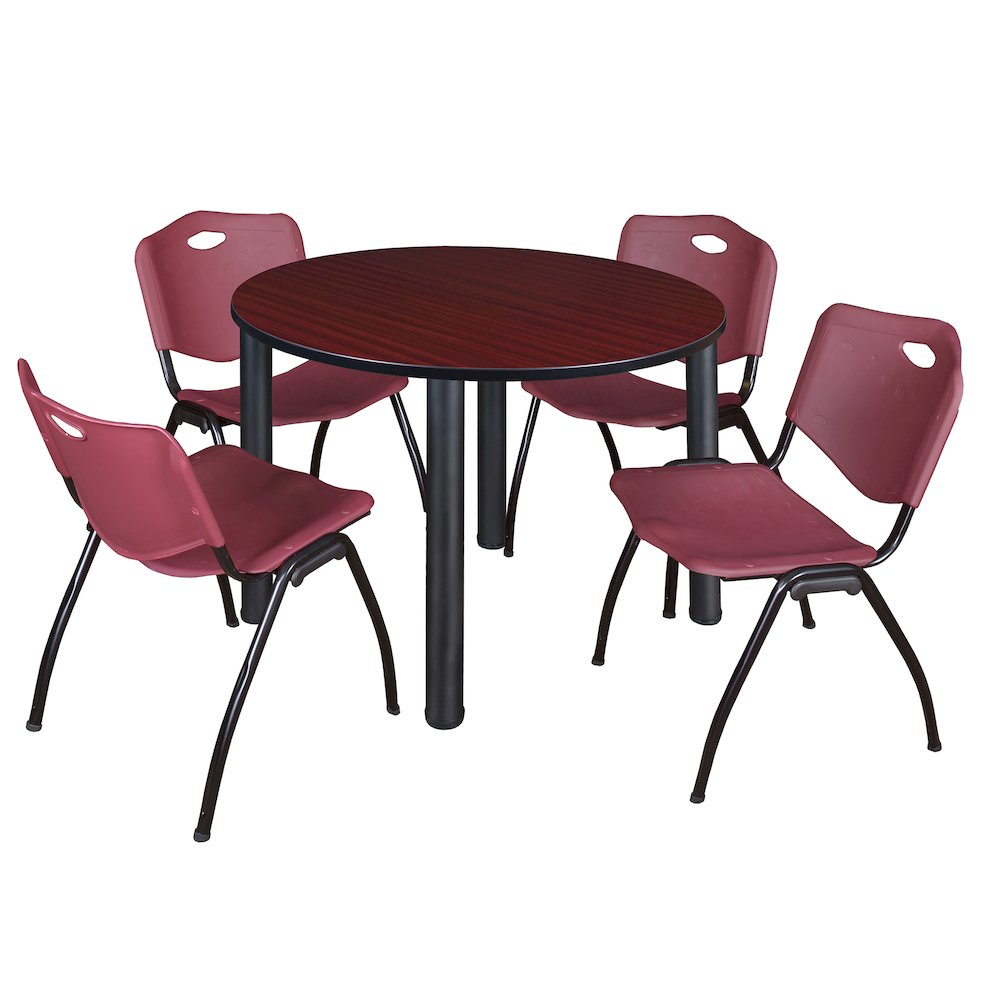 48 Round Breakroom Table- Mahogany Top, Black Legs, 4 M Stack Chairs- Burgundy. Picture 1