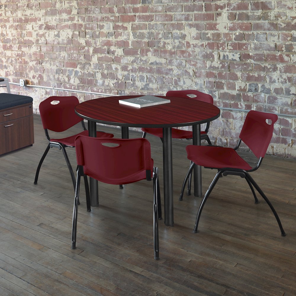 48 Round Breakroom Table- Mahogany Top, Black Legs, 4 M Stack Chairs- Burgundy. Picture 6