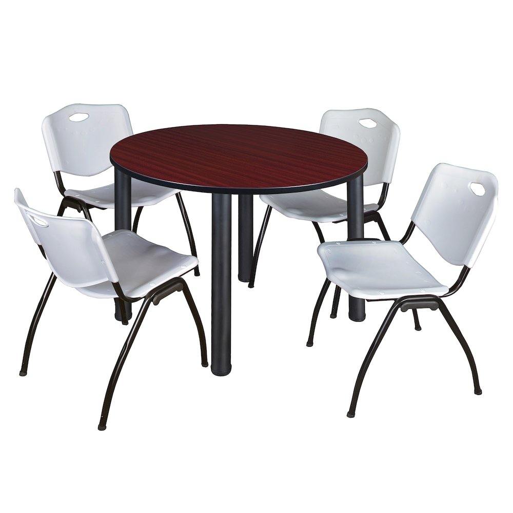 48 in Round Breakroom Table- Mahogany Top, Black Legs, 4 M Stack Chairs- Grey. Picture 1