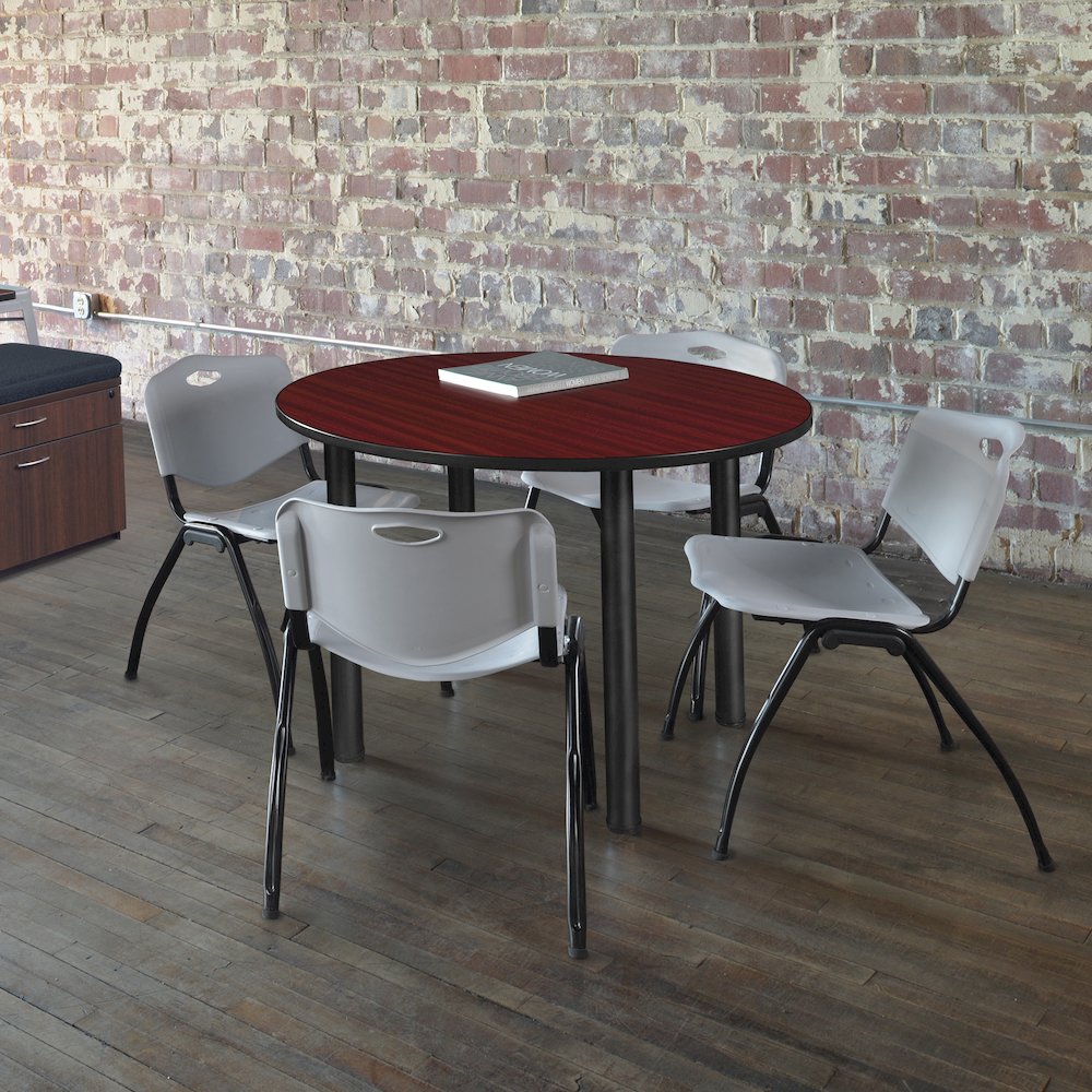 48 in Round Breakroom Table- Mahogany Top, Black Legs, 4 M Stack Chairs- Grey. Picture 6