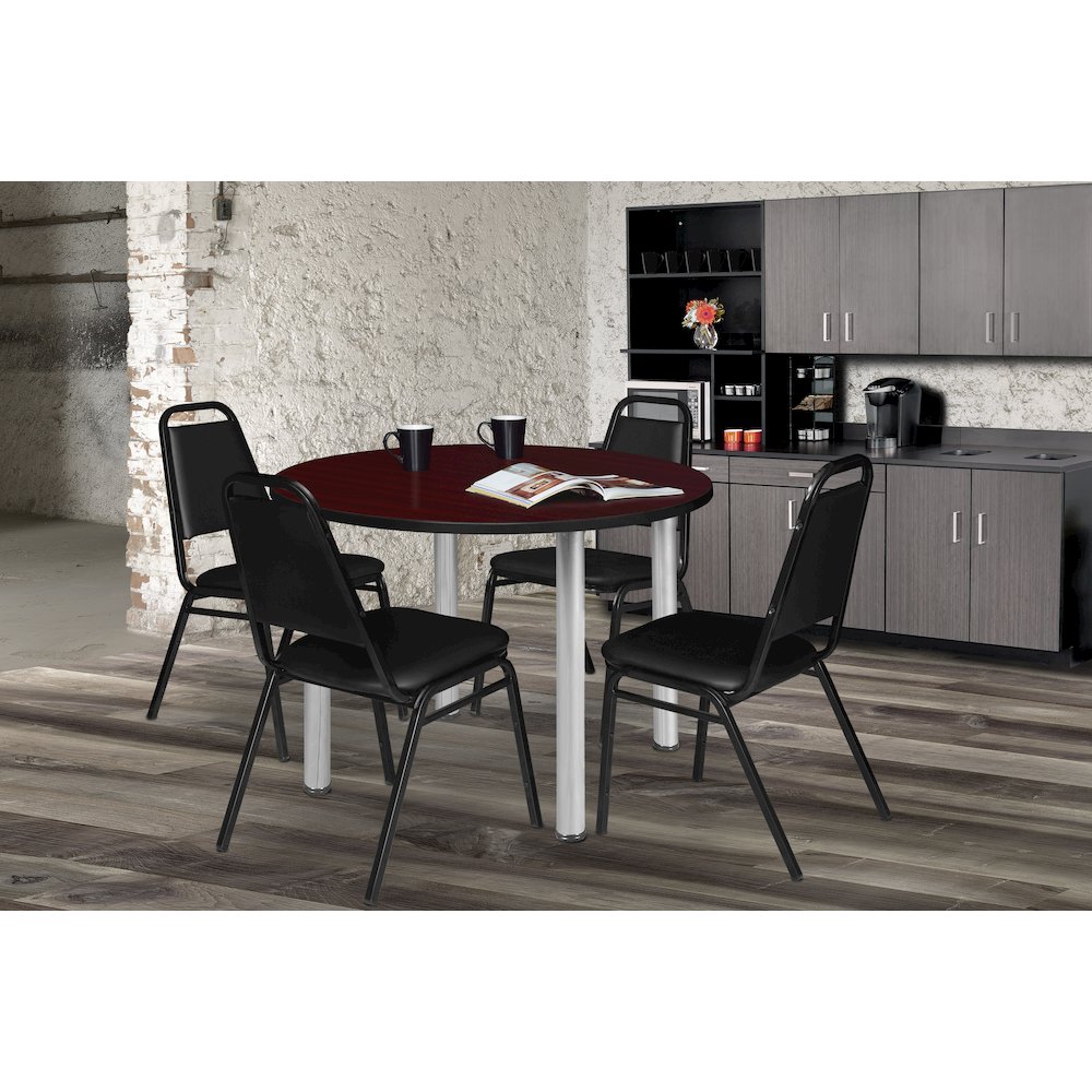 48 Round Breakroom Table- Mahogany Top, Chrome Legs, 4 Restaurant Stack Chairs. Picture 6