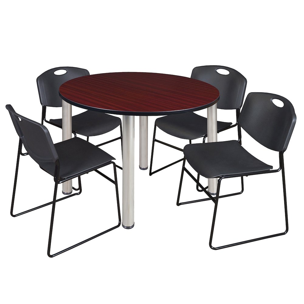 48 Round Breakroom Table- Mahogany Top, Chrome Legs, 4 Zeng Stack Chairs- Black. Picture 1
