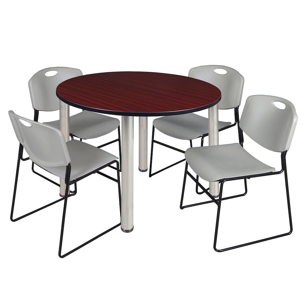 48 Round Breakroom Table- Mahogany Top, Chrome Legs, 4 Zeng Stack Chairs- Grey. Picture 1