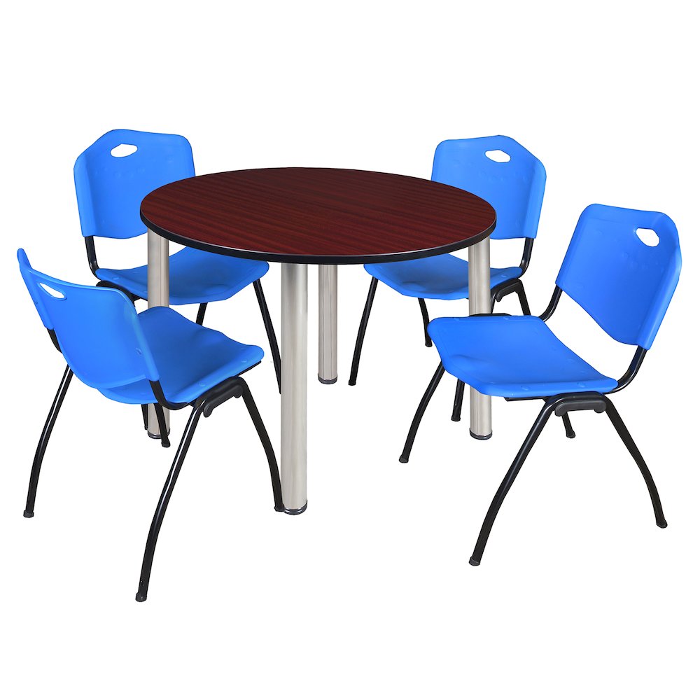 48 in Round Breakroom Table- Mahogany Top, Chrome Legs, 4 M Stack Chairs- Blue. Picture 1