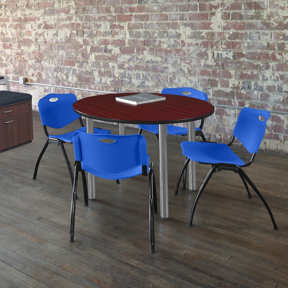 48 in Round Breakroom Table- Mahogany Top, Chrome Legs, 4 M Stack Chairs- Blue. Picture 6