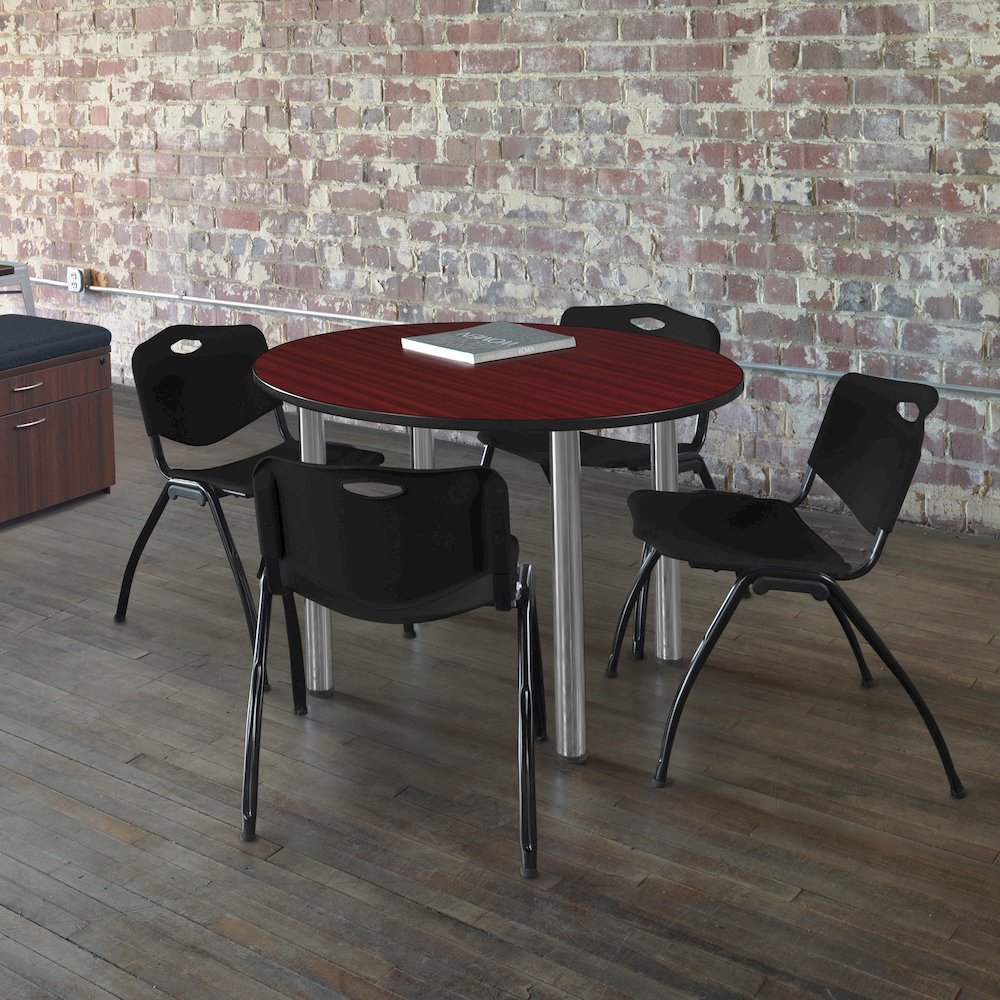 48 in Round Breakroom Table- Mahogany Top, Chrome Legs, 4 M Stack Chairs- Black. Picture 6