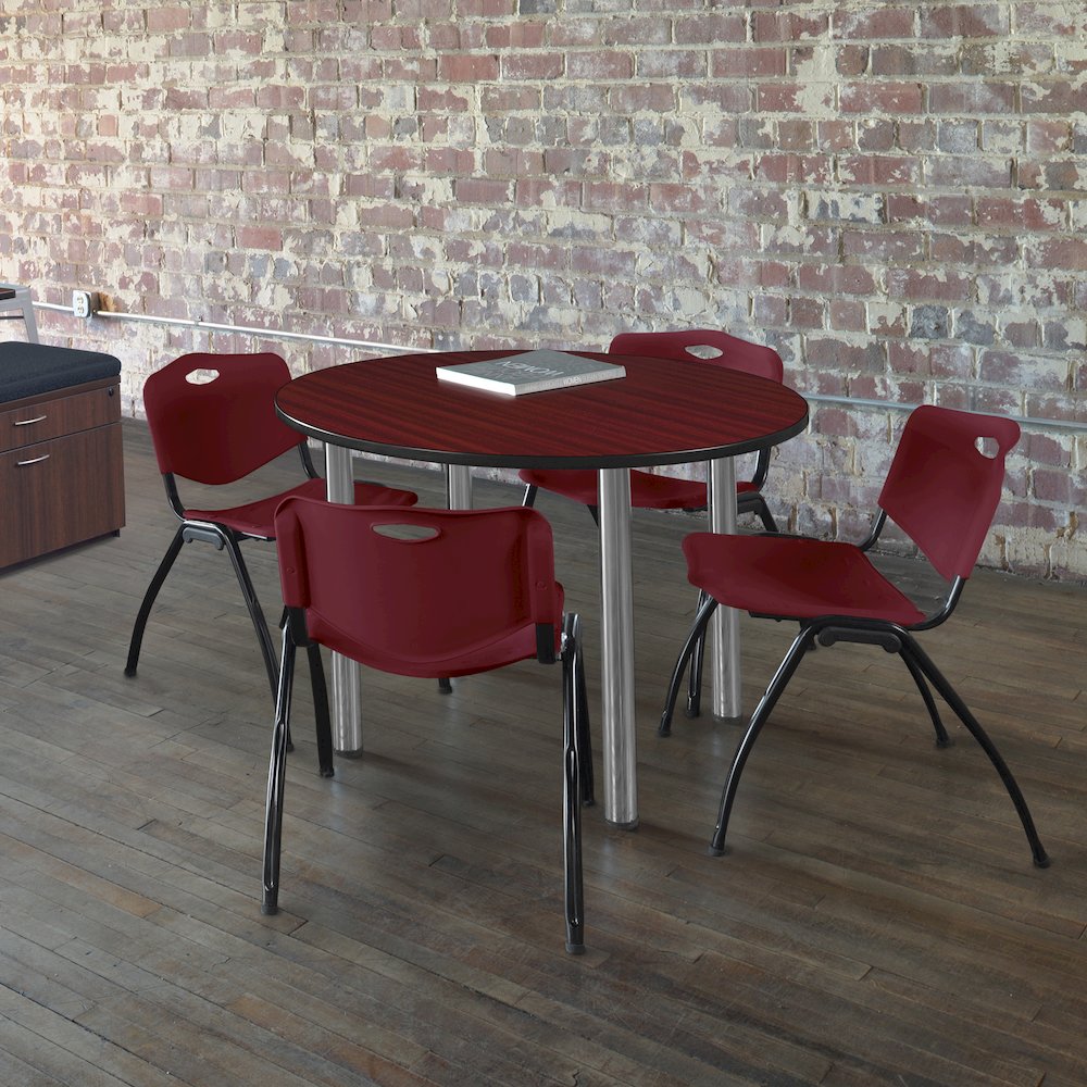 48 Round Breakroom Table- Mahogany Top, Chrome Legs, 4 M Stack Chairs- Burgundy. Picture 6