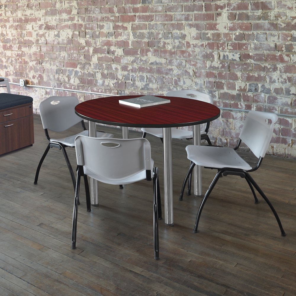 48 in Round Breakroom Table- Mahogany Top, Chrome Legs, 4 M Stack Chairs- Grey. Picture 6