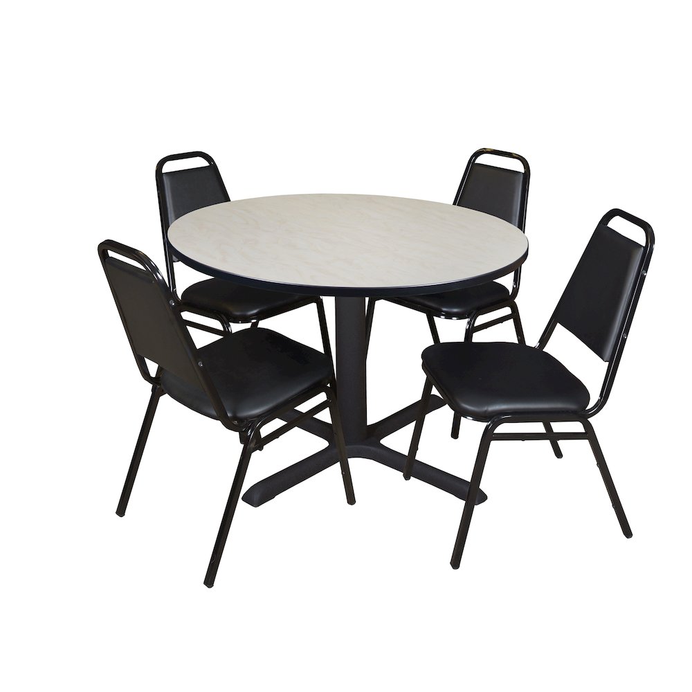 48 in. Round X-Base Breakroom Table- Maple & 4 Restaurant Stack Chairs- Black. Picture 1