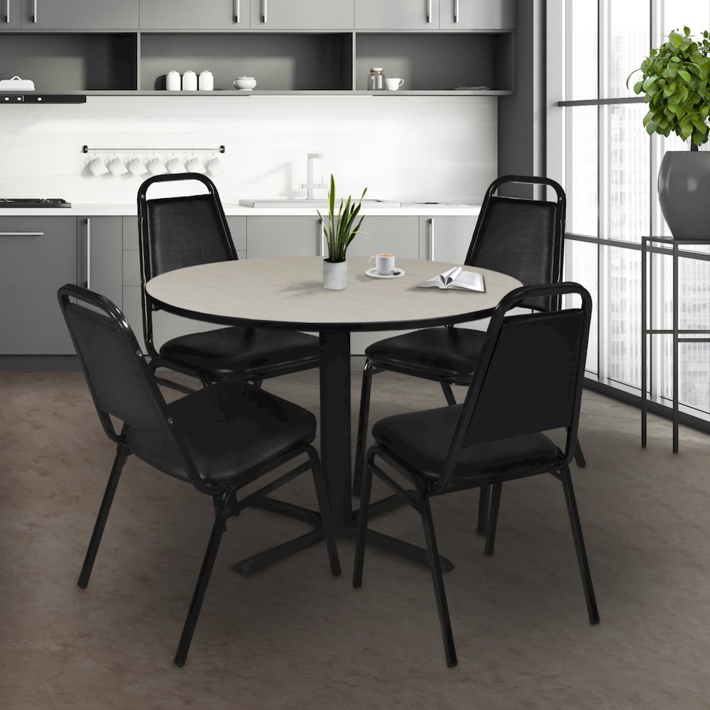 48 in. Round X-Base Breakroom Table- Maple & 4 Restaurant Stack Chairs- Black. Picture 8