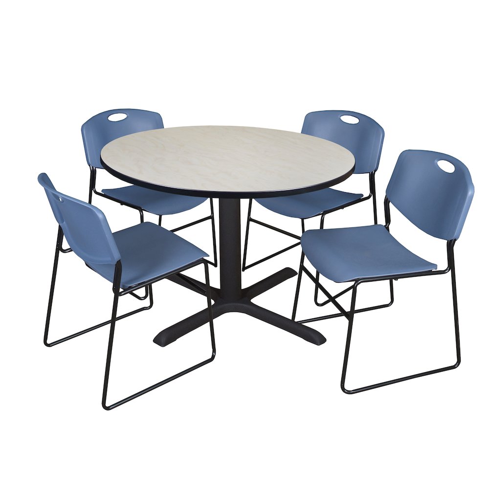 48 in. Round X-Base Breakroom Table- Maple & 4 Zeng Stack Chairs- Blue. Picture 1