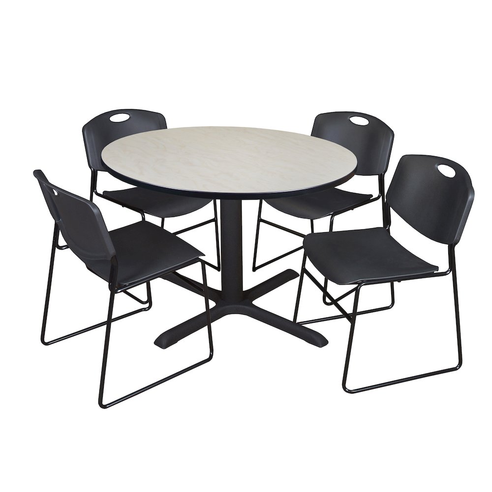 48 in. Round X-Base Breakroom Table- Maple & 4 Zeng Stack Chairs- Black. Picture 1