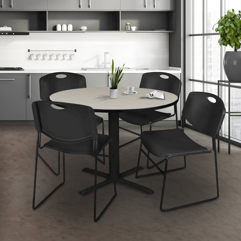 48 in. Round X-Base Breakroom Table- Maple & 4 Zeng Stack Chairs- Black. Picture 8