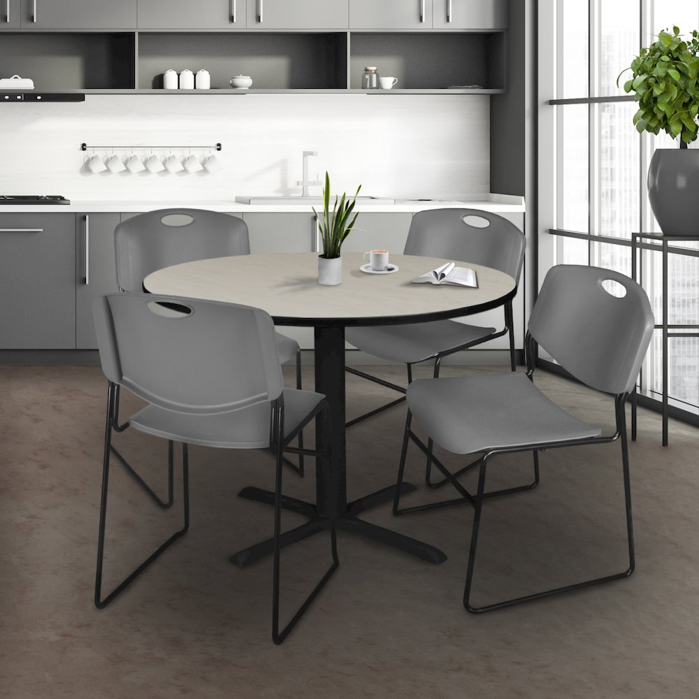 48 in. Round X-Base Breakroom Table- Maple & 4 Zeng Stack Chairs- Grey. Picture 8
