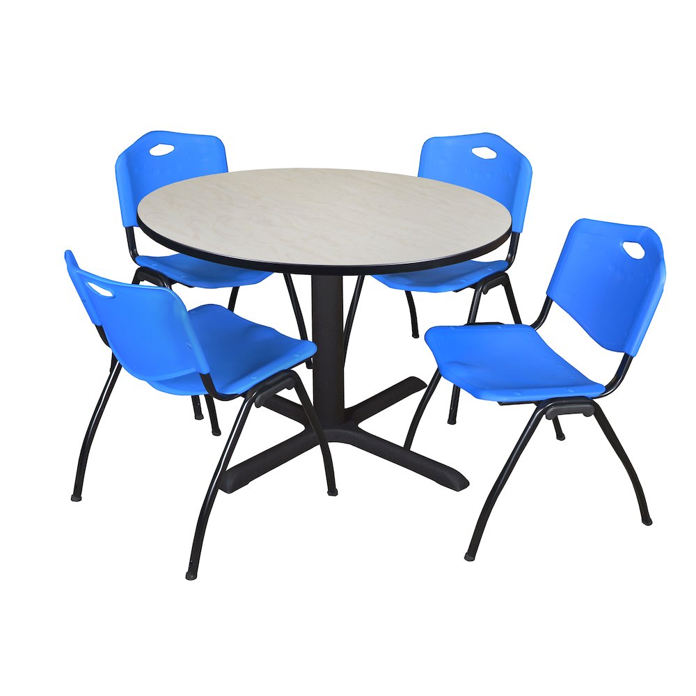 48 in. Round X-Base Breakroom Table- Maple & 4 M Stack Chairs- Blue. Picture 1