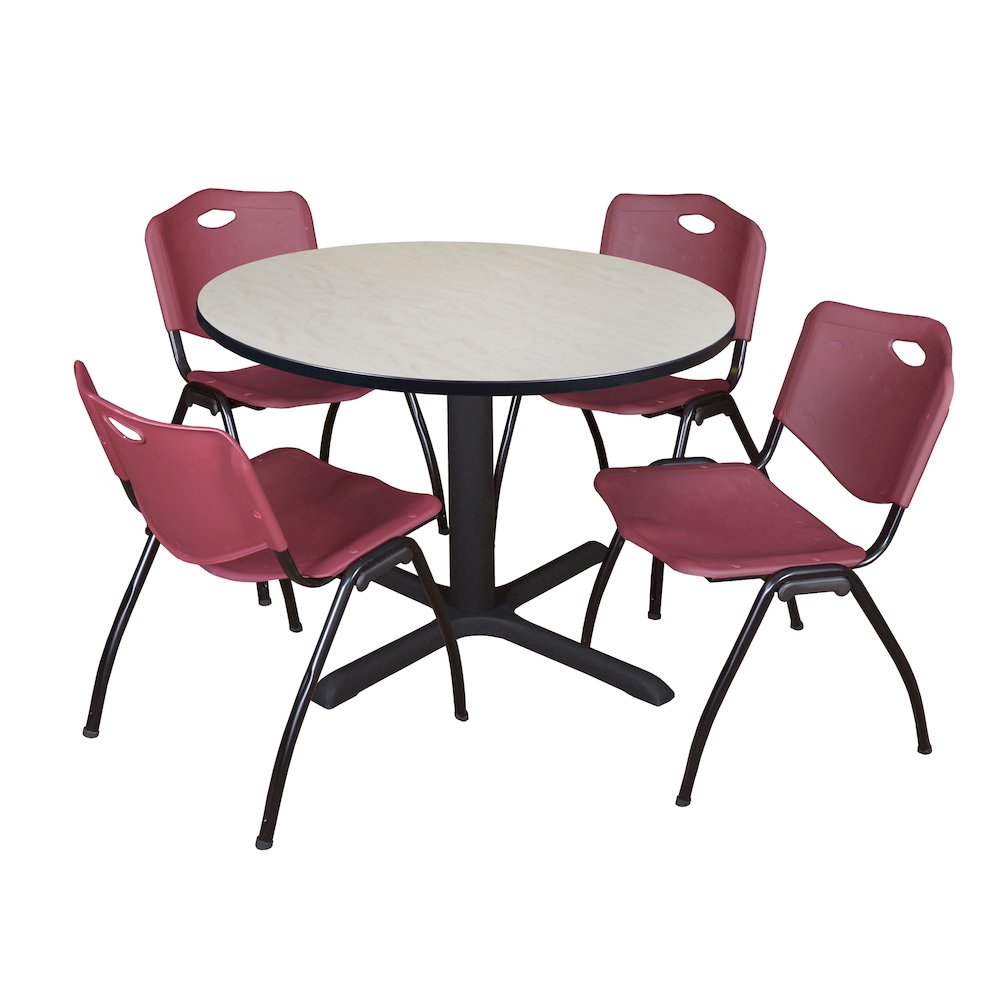 48 in. Round X-Base Breakroom Table- Maple & 4 M Stack Chairs- Burgundy. Picture 1